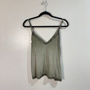 American Eagle Tank Top Cami L Soft & Sexy Ribbed Knit Lace Strappy Green